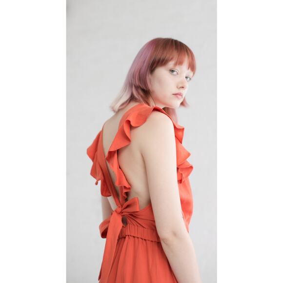 Ulla Johnson Viola Ruffled Linen Wide Leg Jumpsuit in Chili Pockets Size 8 - Picture 5 of 12